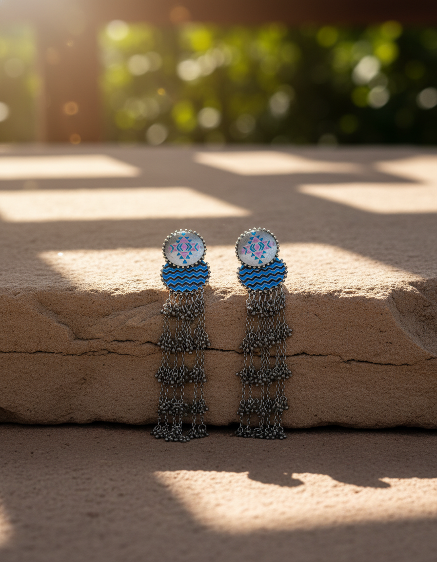 Tarak Chain Dangler Earrings Geometric Blue Enamel Oxidised Silver Earrings | long drop earrings | NIVRTTI