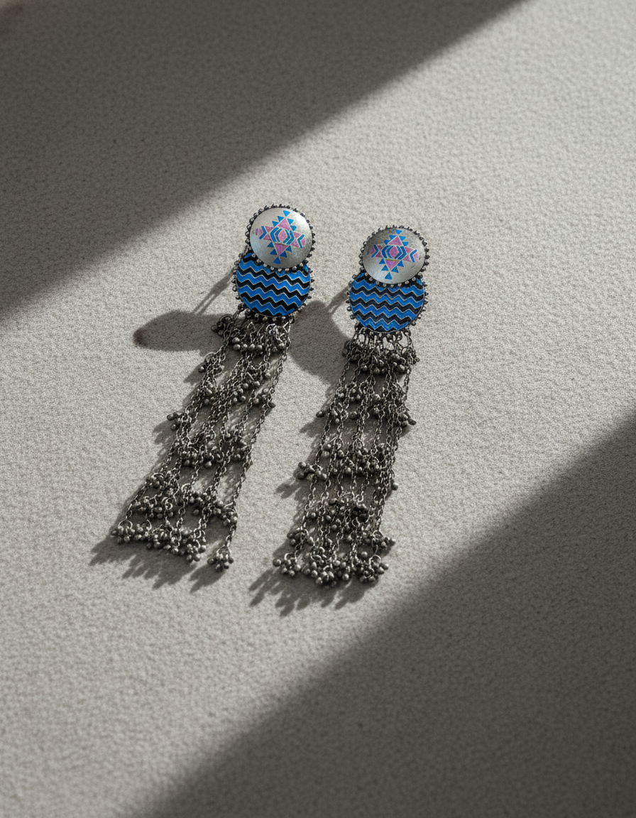 Tarak Chain Dangler Earrings Geometric Blue Enamel Oxidised Silver Earrings | long drop earrings | NIVRTTI