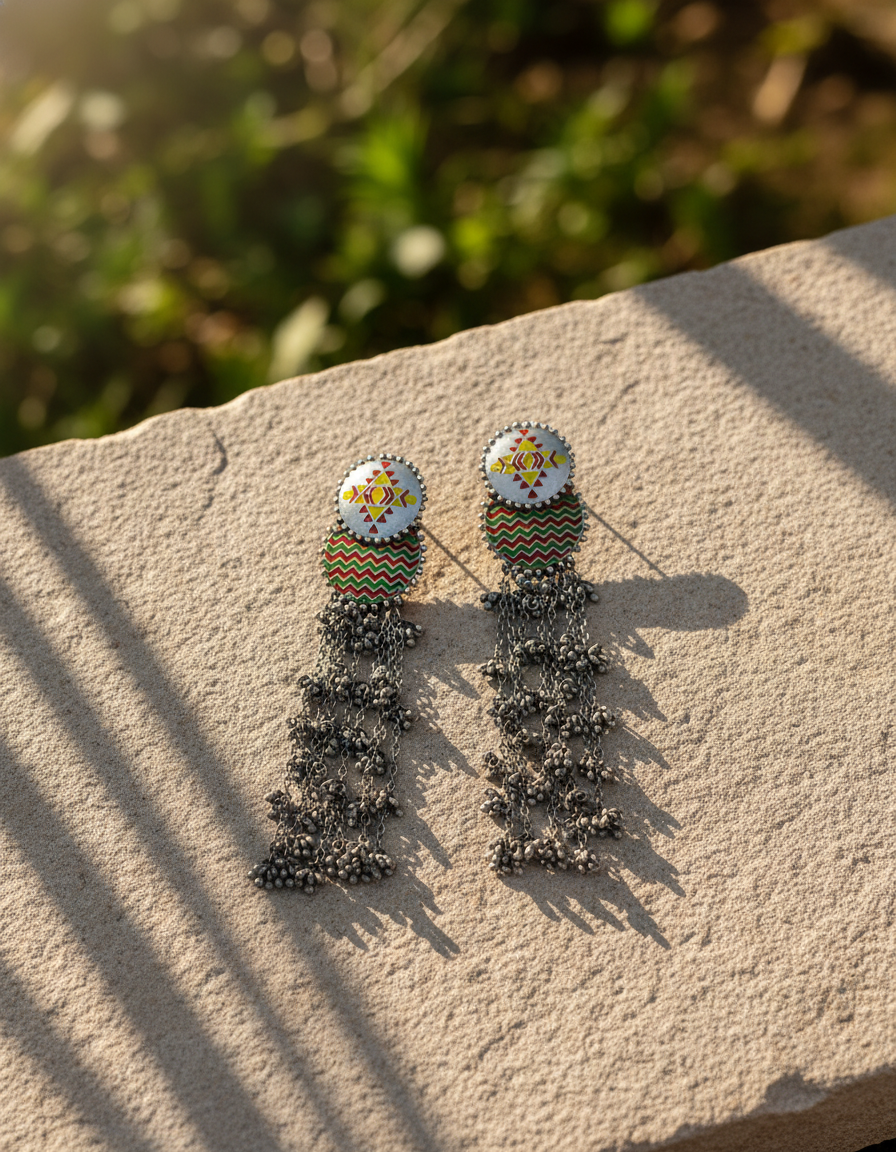 Tarak Chain Dangler Earrings Geometric Blue Enamel Oxidised Silver Earrings | long drop earrings | NIVRTTI