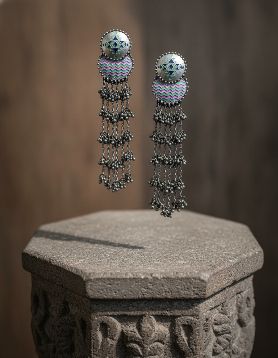 Tarak Chain Dangler Earrings Geometric Blue Enamel Oxidised Silver Earrings | long drop earrings | NIVRTTI