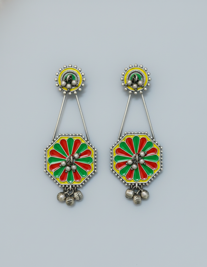 Kiyara Enamel Bloom Earrings Handpainted Oxidised Silver Danglers | long drop earrings | NIVRTTI