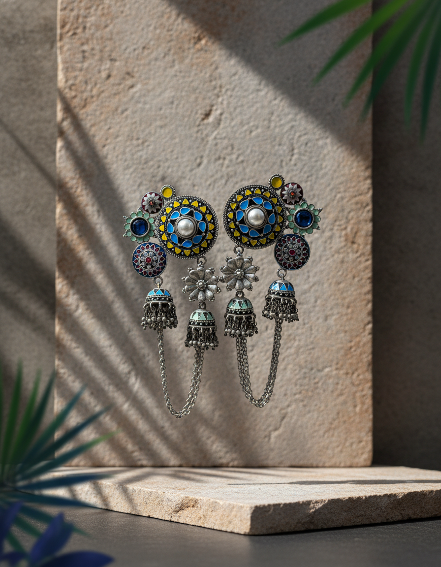earrings with colorful gemstones on a stone surface