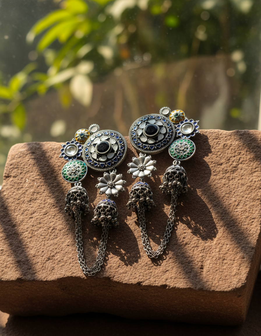 oxidised silver jhumka - Raagmala Dual Jhumka Chain Earrings Multicolor Oxidised Silver Statement Ea