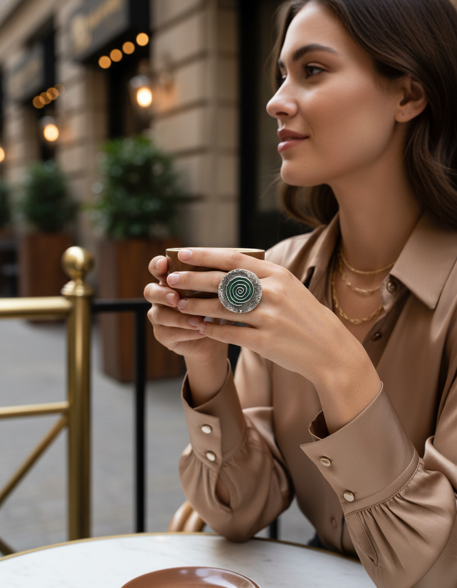 Vrittika Spiral Statement Ring Enamel Oxidised Silver Adjustable Ring | handcrafted ring | NIVRTTI