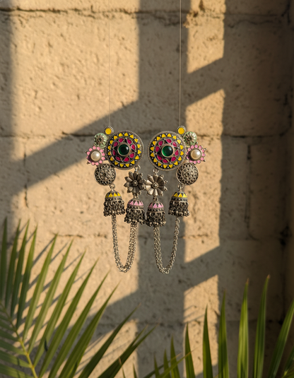Raagmala Dual Jhumka Chain Earrings Multicolor Oxidised Silver Statement Earrings | traditional jhumka | NIVRTTI