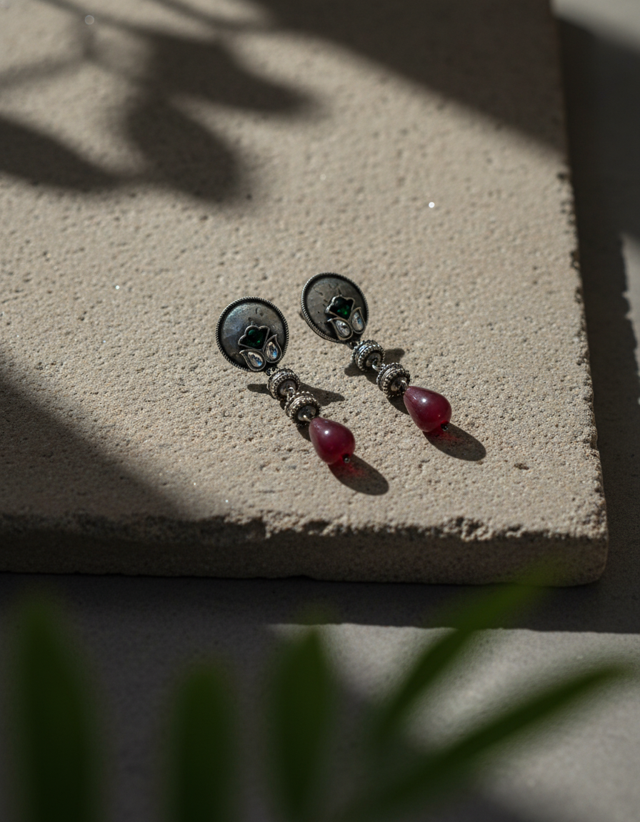 oxidised silver dangler - Triveni Silver Drop Earrings Handcrafted Oxidised Gemstone Danglers - NIVR