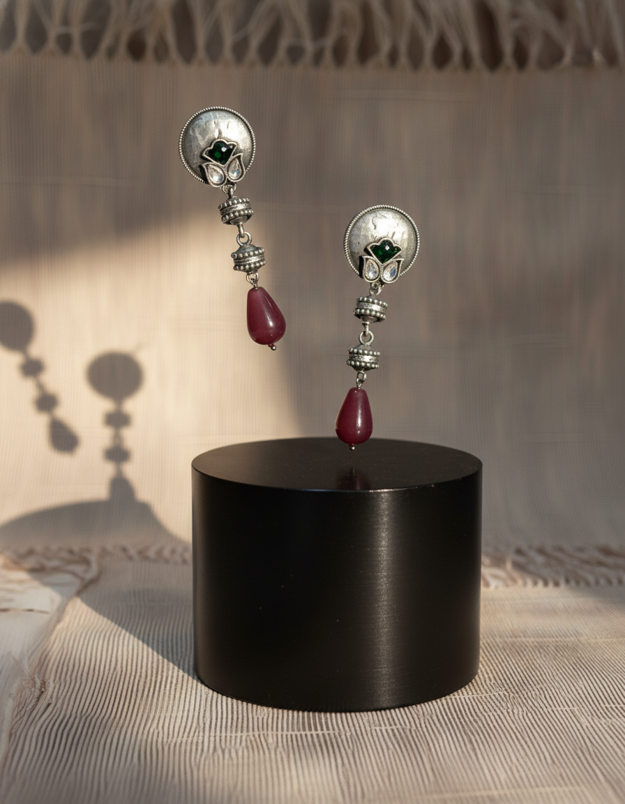 Triveni Silver Drop Earrings Handcrafted Oxidised Gemstone Danglers | long drop earrings | NIVRTTI