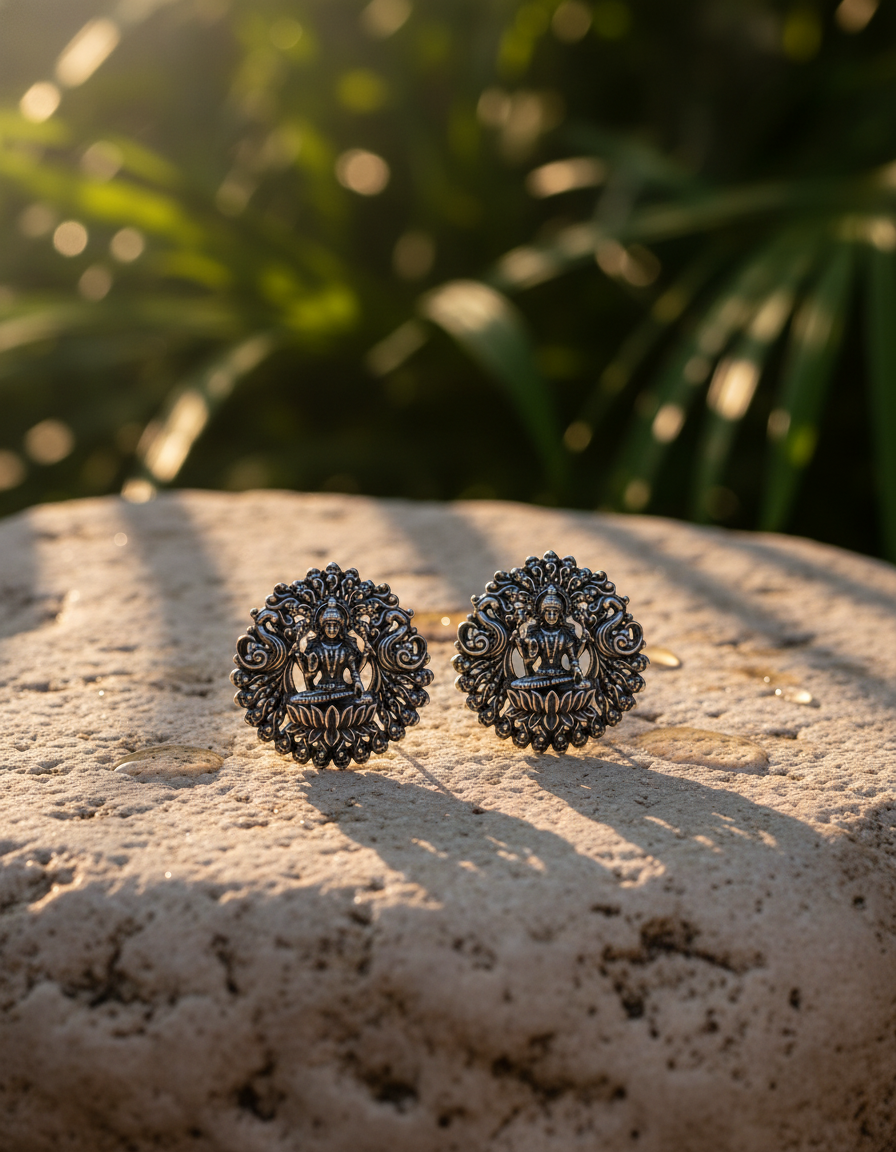 oxidised silver studs - Divya Lakshmi Oxidised Silver Studs Temple Goddess Earrings for Women - NIVR