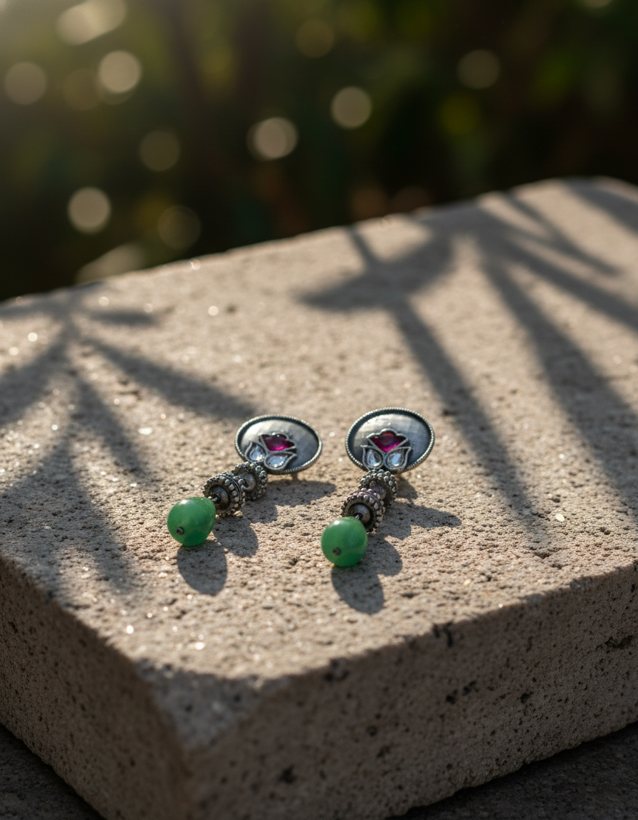 Triveni Silver Drop Earrings Handcrafted Oxidised Gemstone Danglers | long drop earrings | NIVRTTI