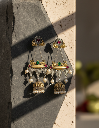 handcrafted jhumka - Ishani Royal Jhumka Earrings Dual Tone Temple Jewelry with Pearls - NIVRTTI han