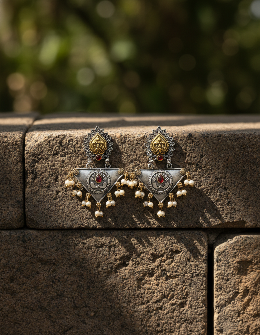 handcrafted dangler - Trinetra Lotus Drop Earrings Dual Tone Temple Jewelry with Pearls - NIVRTTI ha