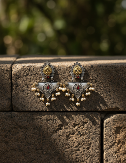 handcrafted dangler - Trinetra Lotus Drop Earrings Dual Tone Temple Jewelry with Pearls - NIVRTTI ha