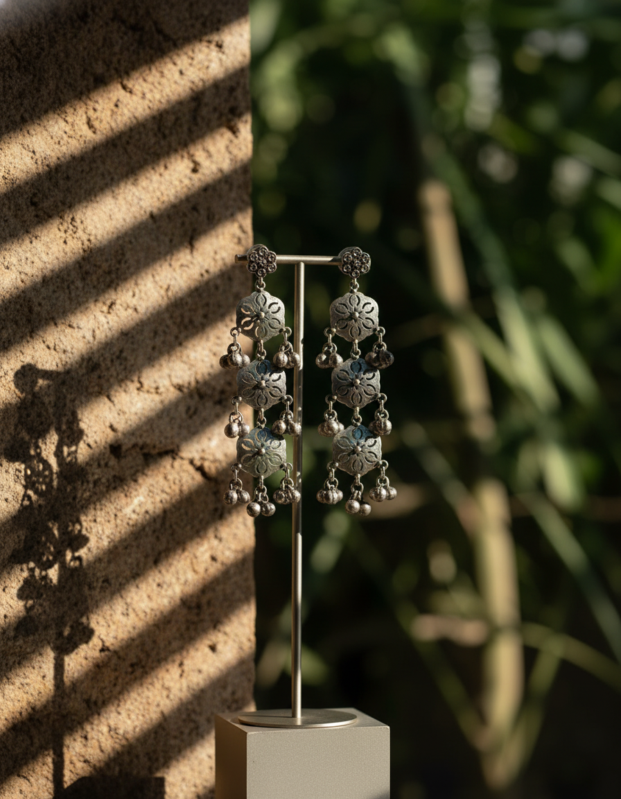 oxidised silver dangler - Aarohi Tiered Floral Dangler Earrings Handcrafted Oxidised Silver Long Dro