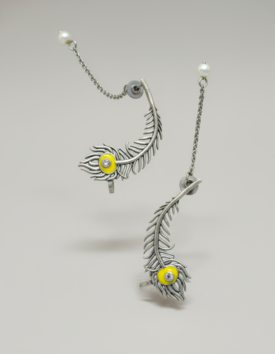 Nayan Feather Drop Earrings Krishna Oxidised Silver Dangler | long drop earrings | NIVRTTI