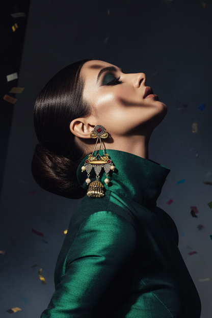 Ishani Royal Jhumka Earrings Dual Tone Temple Jewelry with Pearls – Handcrafted Jhumka | traditional jhumka | NIVRTTI