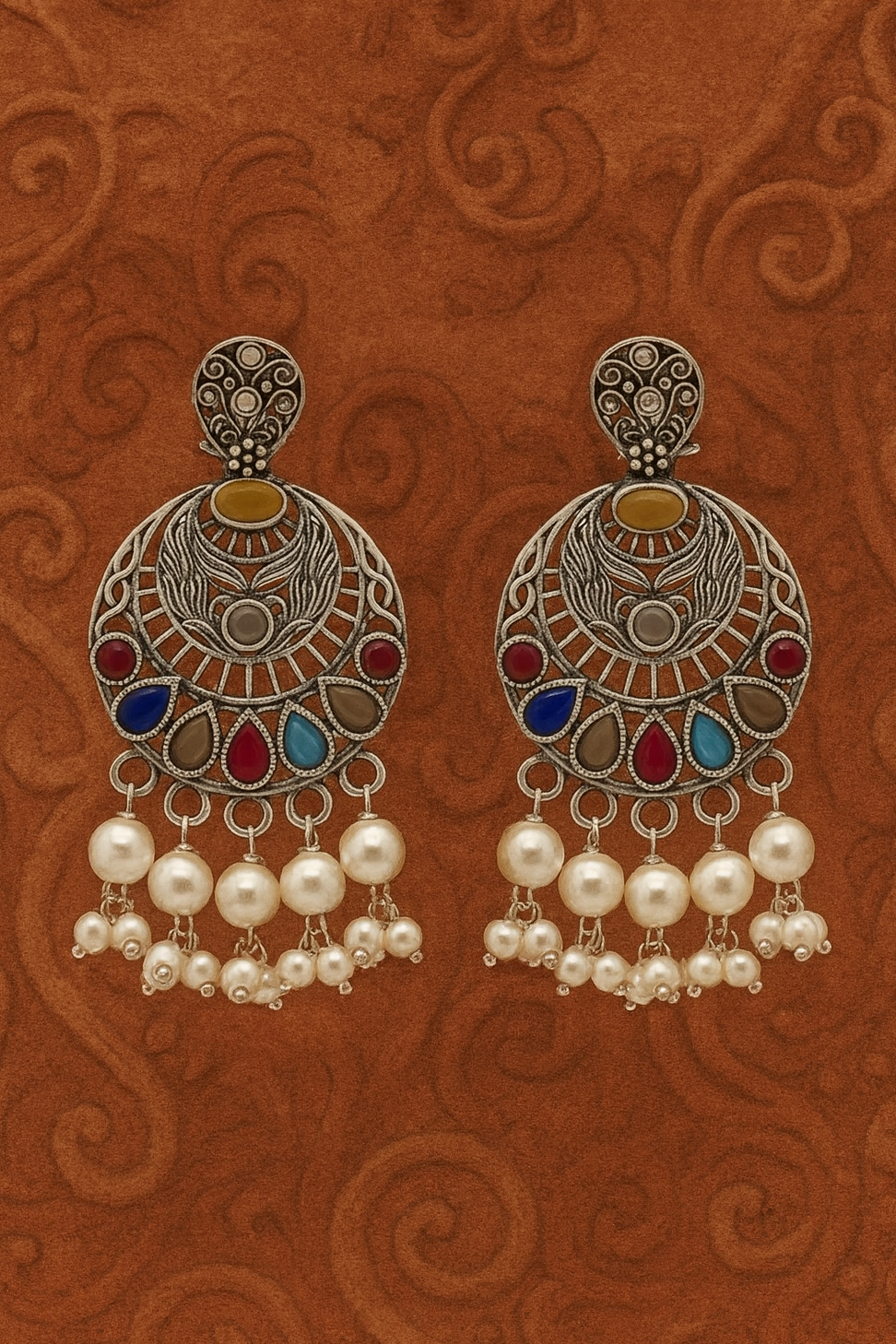 oxidised silver earring - Chandrika Multistone Oxidised Earrings - NIVRTTI handcrafted jewelry