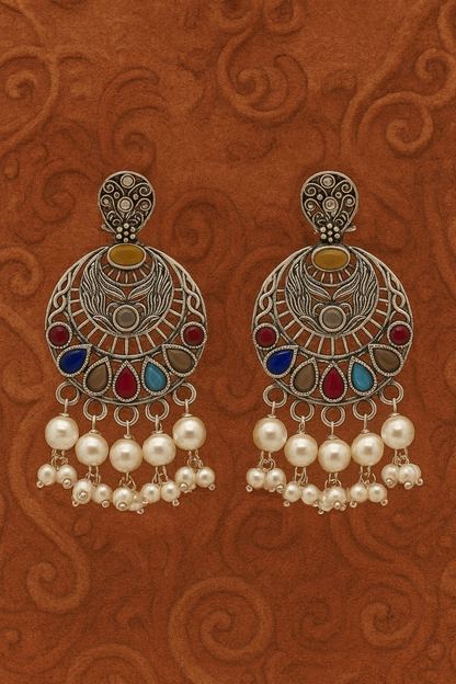 oxidised silver earring - Chandrika Multistone Oxidised Earrings - NIVRTTI handcrafted jewelry