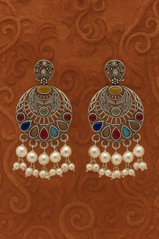 oxidised silver earring - Chandrika Multistone Oxidised Earrings - NIVRTTI handcrafted jewelry