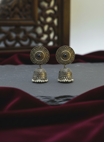 Regal Aura Antique Gold Jhumka Earrings – Brass Jhumka | traditional jhumka | NIVRTTI