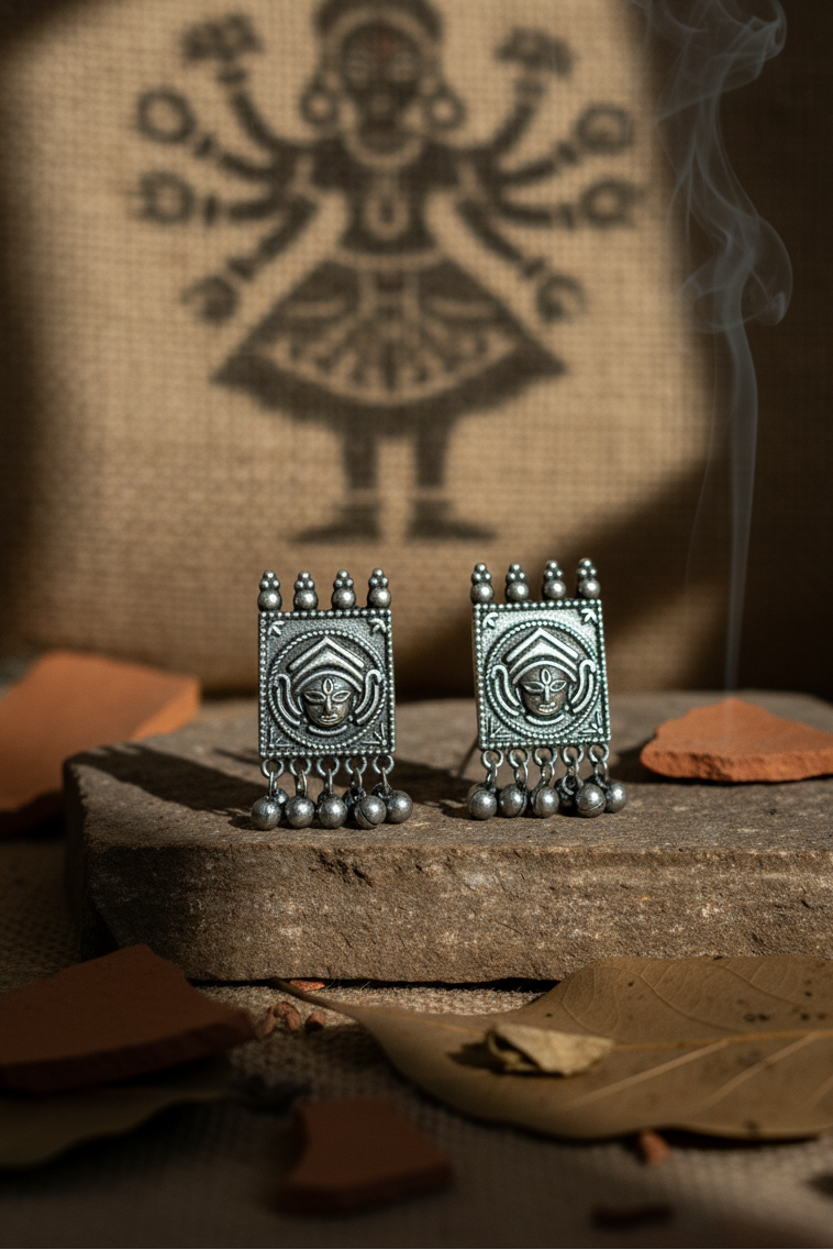 oxidised silver earring - Shakti Tribal Guardian Earrings Oxidized Temple Collection - NIVRTTI handc