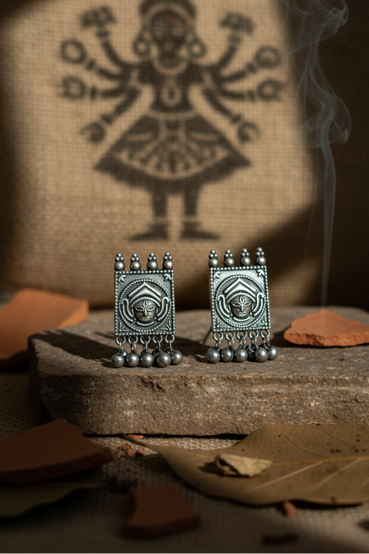 oxidised silver earring - Shakti Tribal Guardian Earrings Oxidized Temple Collection - NIVRTTI handc