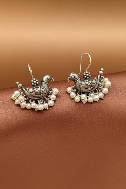 oxidised silver dangler - Hamsini Pearl Kalakaari Drops Oxidised Bird Motif Edition - NIVRTTI handcr