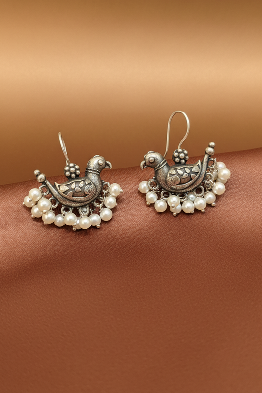 oxidised silver dangler - Hamsini Pearl Kalakaari Drops Oxidised Bird Motif Edition - NIVRTTI handcr