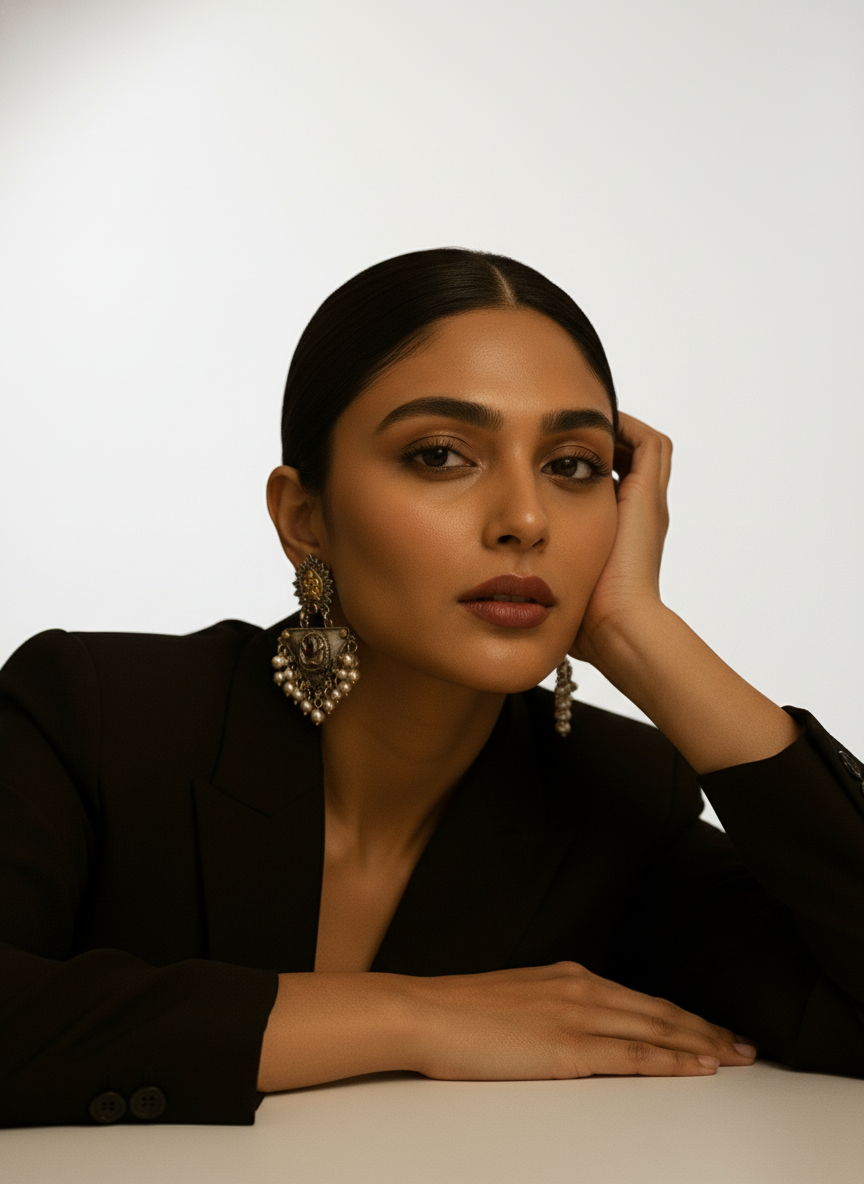 Trinetra Lotus Drop Earrings Dual Tone Temple Jewelry with Pearls – Handcrafted Dangler | long drop earrings | NIVRTTI