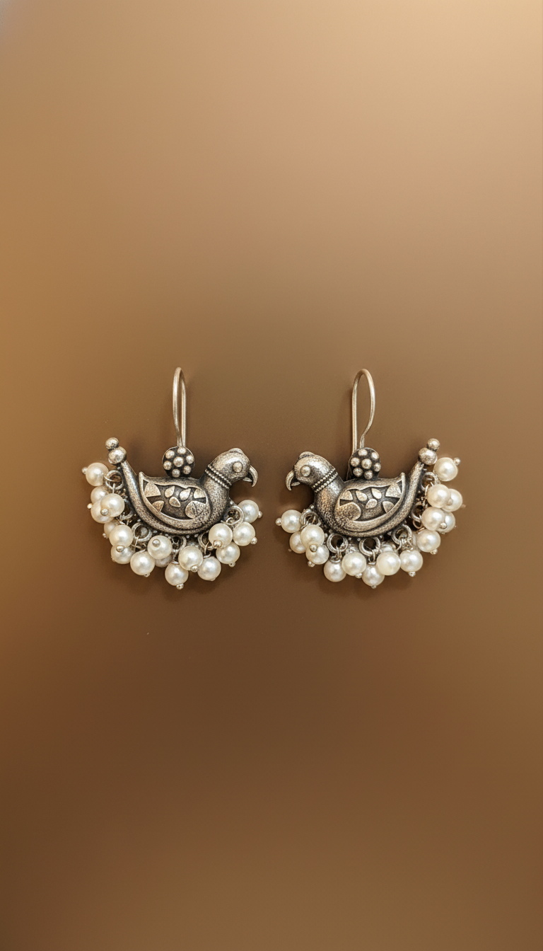 Hamsini Pearl Kalakaari Drops Oxidised Bird Motif Edition | handcrafted earrings for women | NIVRTTI