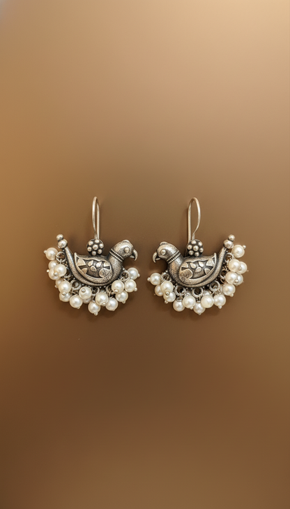 Hamsini Pearl Kalakaari Drops Oxidised Bird Motif Edition | handcrafted earrings for women | NIVRTTI