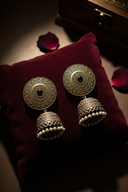 brass jhumka - Regal Aura Antique Gold Jhumka Earrings - NIVRTTI handcrafted jewelry