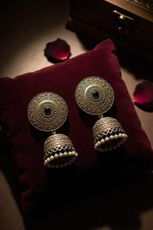 brass jhumka - Regal Aura Antique Gold Jhumka Earrings - NIVRTTI handcrafted jewelry