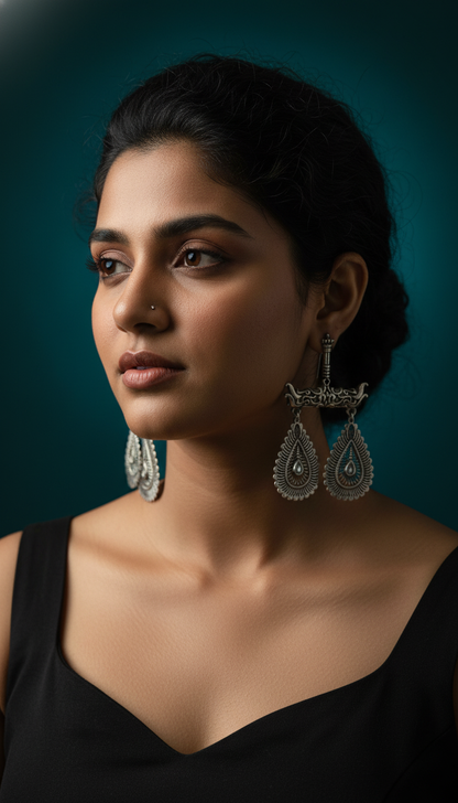 Aranya Heritage Oxidized Dangler Earrings – Oxidised Dangler | long drop earrings | NIVRTTI