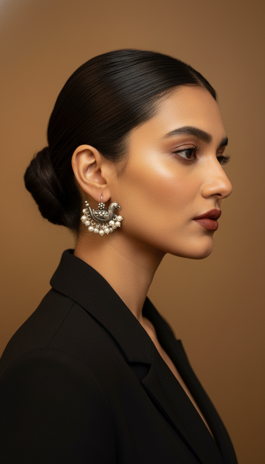 Hamsini Pearl Kalakaari Drops Oxidised Bird Motif Edition | handcrafted earrings for women | NIVRTTI