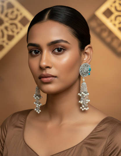 Samira Aqua Tassel Earrings Oxidised Silver Pearl Chain Drops | long drop earrings | NIVRTTI