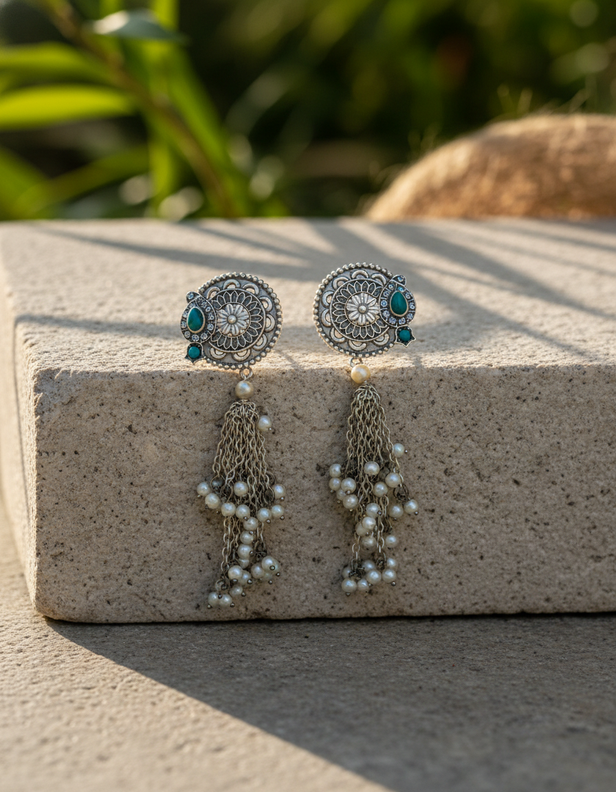 oxidised silver dangler - Samira Aqua Tassel Earrings Oxidised Silver Pearl Chain Drops - NIVRTTI ha