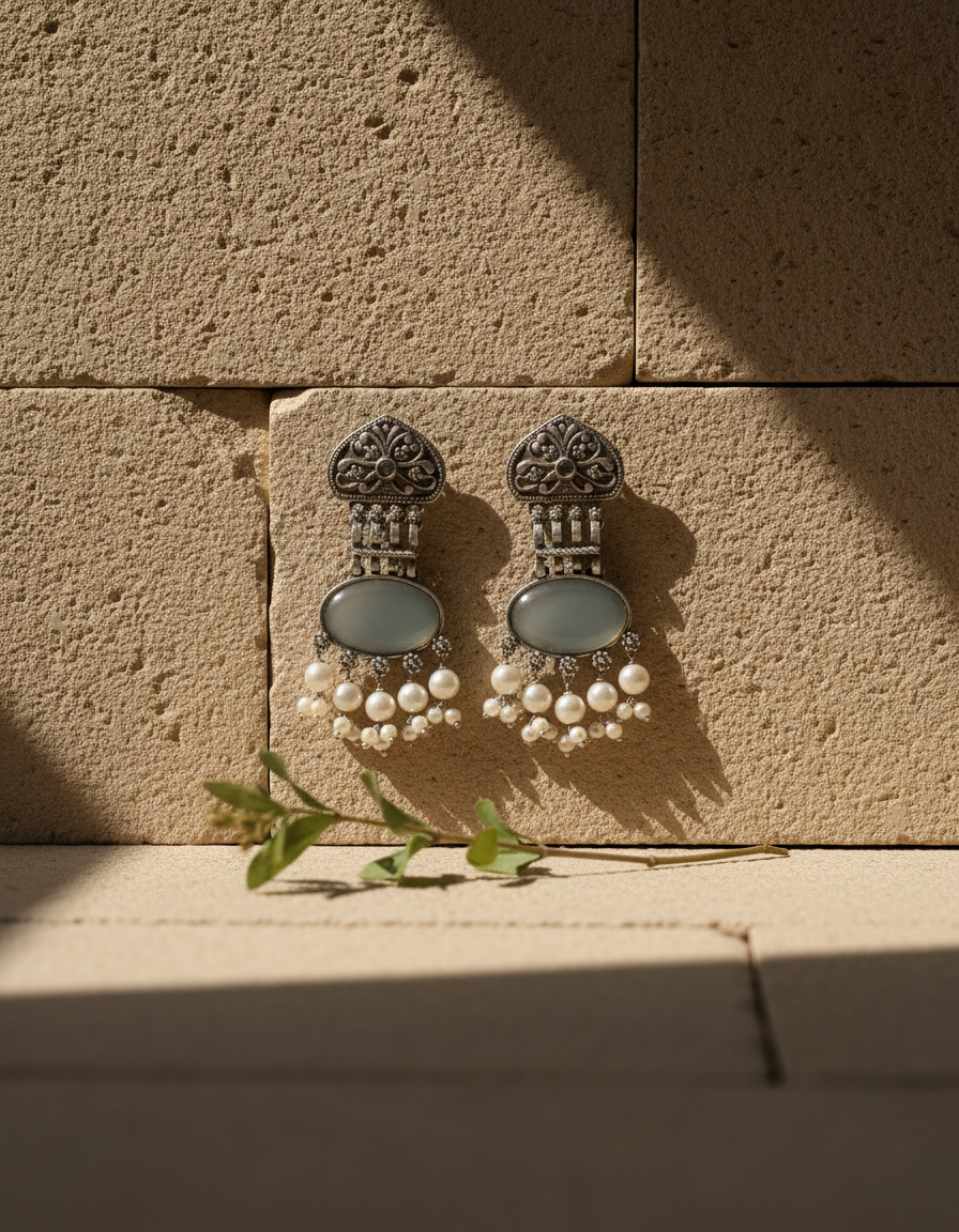 Oxidised Silver Moonstone Pearl Earrings