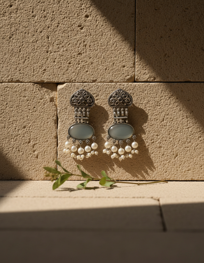 Oxidised Silver Moonstone Pearl Earrings