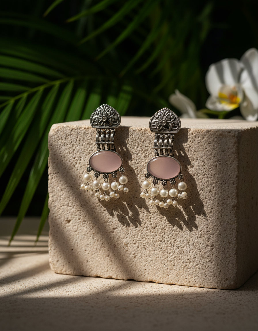Oxidised Silver Moonstone Pearl Earrings