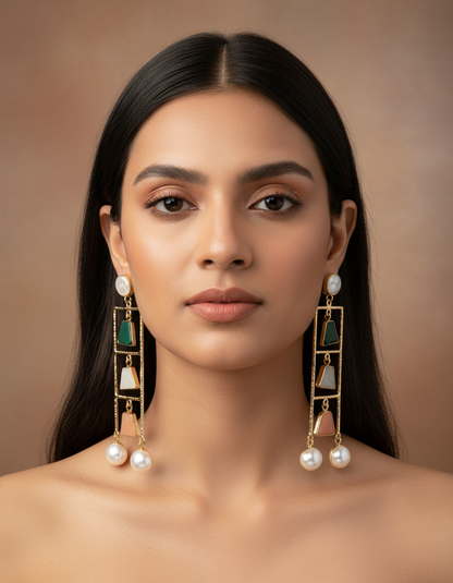 Geometric Ladder Statement Earrings with Natural Stones