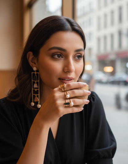 Geometric Ladder Statement Earrings with Natural Stones
