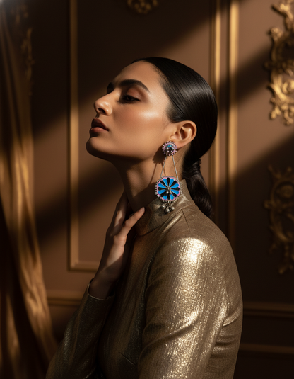 Kiyara Enamel Bloom Earrings Handpainted Oxidised Silver Danglers | long drop earrings | NIVRTTI