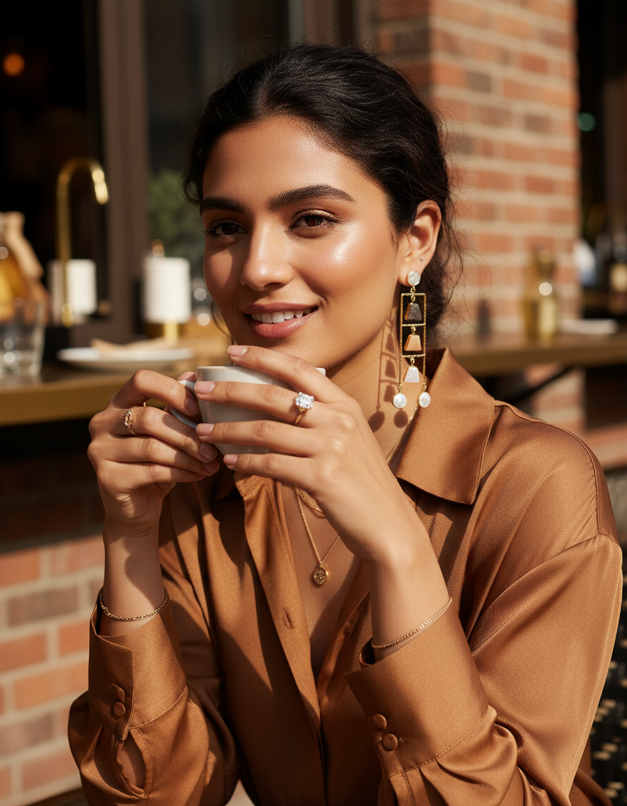 Geometric Ladder Statement Earrings with Natural Stones