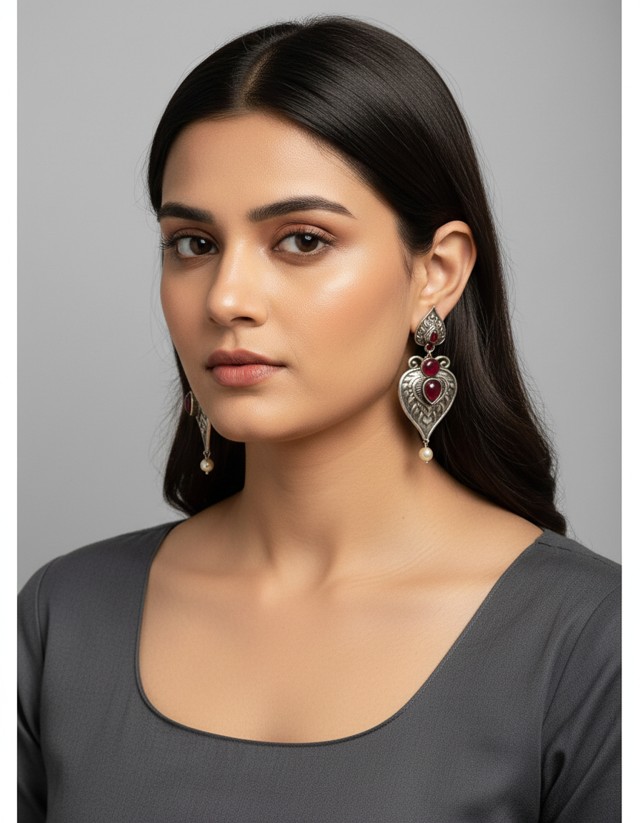Tribal Red Stone Pearl Drop Earrings