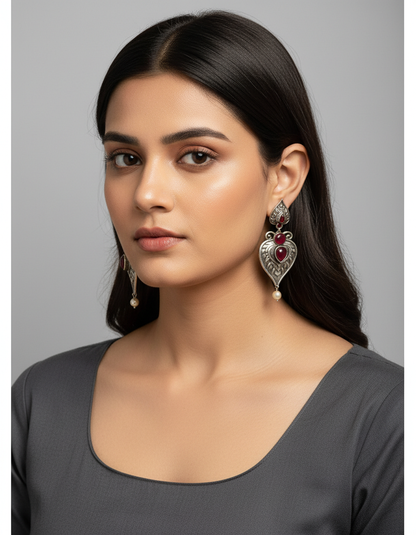 Tribal Red Stone Pearl Drop Earrings