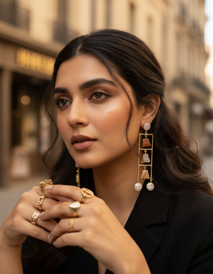 Geometric Ladder Statement Earrings with Natural Stones
