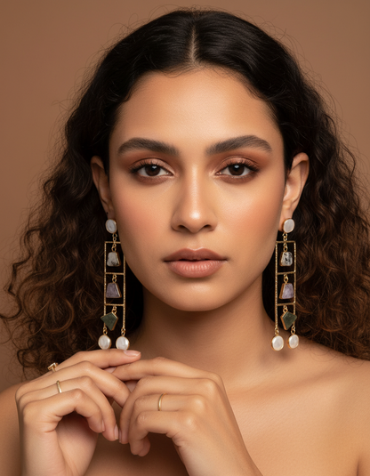Geometric Ladder Statement Earrings with Natural Stones