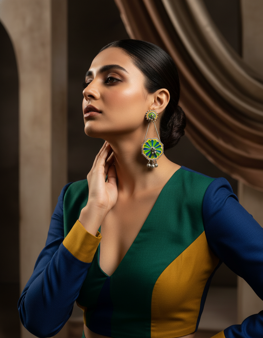 Kiyara Enamel Bloom Earrings Handpainted Oxidised Silver Danglers | long drop earrings | NIVRTTI