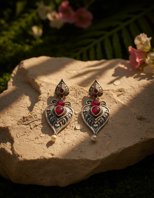 Tribal Red Stone Pearl Drop Earrings